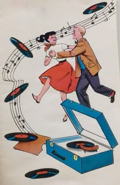 an image of a man and woman dancing on top of record boxes with music notes coming out of them