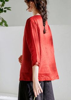 Red Oriental O-Neck Summer Ramie ShirtsFabric: Ramie100% LinenSize & Fit: Fit: This garment fits true to size.Length: Size L measures 24.18"from shoulder to hemBust: Great for any cup size. Waist: Loose Fit. Comfortable room throughout midsection.Hip: Loose Fit - room for hips. Hand Wash Cold. Red Half Sleeve Tops For Summer, Solid Color Half Sleeve Relaxed Fit Tops, Red Half Sleeve Summer Tops, Casual Red Half Sleeve Tops, Casual Solid Color Tops With 3/4 Sleeves, Red Relaxed Fit Long Sleeve Blouse, Red Long Sleeve Summer T-shirt, Casual Red Blouse With 3/4 Sleeves, Red Crew Neck Blouse For Spring