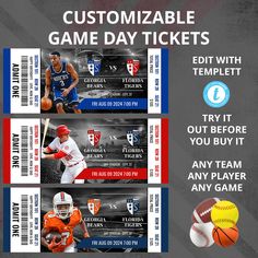 two ticket cards with different sports players on them and the text, customizable game day tickets