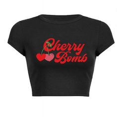 Fitted Casual Tops With Cherry Print, Fitted Casual Cherry Print Tops, Fitted Short Sleeve Top With Cherry Print, Retro Black Tops With Text Print, Black Retro Tops With Letter Print, Red Cherry Print Graphic Tee, Retro Black Top With Letter Print, Black Graphic Tee Crop Top For Summer, Retro Black Short Sleeve Crop Top