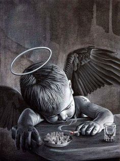 a drawing of a boy eating cereal with an angel above his head and wings over his head