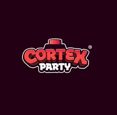 the cortex party logo is shown on a dark background with red letters and a camera