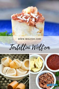 different types of food are shown in this collage with the words, tortellini vollfen