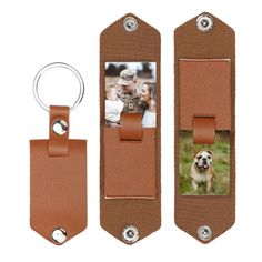 two brown leather tags with an image of a dog and a child on them, hanging from a metal hook