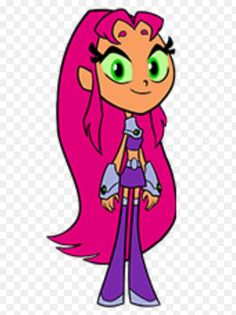 a cartoon character with pink hair and green eyes