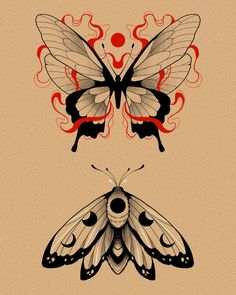 two butterflies with red and black designs on them