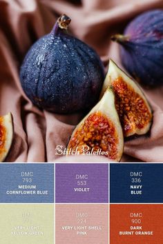 some figs are sitting on a table with different colors