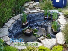 an outdoor pond surrounded by rocks and plants