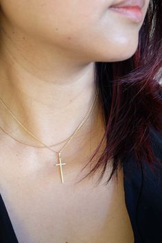 Wear your faith with this elegant cross necklace in a cable chain. - chain available in 16, 18, and 20 inches. Chain length can be customized. - approx. cross size : 10x26mm - 14K solid yellow gold Sustainably handmade in Los Angeles 14k Gold Cross Necklace With Delicate Chain, 14k Gold Delicate Chain Cross Necklace, 14k Gold Filled Cross Necklace, Original Necklace, 16 Inch Necklace, Gold Cross Necklace, Rancho Cucamonga, Gold Necklace Layered, Station Necklace