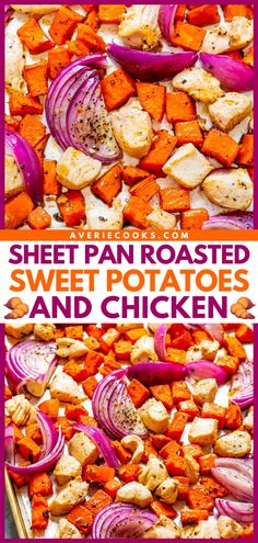 sheet pan roasted sweet potatoes and chicken with text overlay that reads sheet pan roasted sweet potatoes and chicken