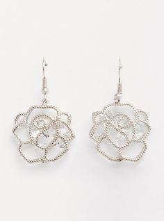 This pair of statement earrings features a rhinestone and crystal pave design. French hook back. 1. 5” length. Base metals. Imported. The best plus size women's silver crystal flower statement earrings in silver. Torrid is your destination for cozy fall and winter clothes to keep you warm and comfortable. Flower Statement Earrings, Beaded Flowers Patterns, Beading Crafts, Beads Bracelet Design, Beadwork Patterns, Silver Accessories, Silver Crystal, Crystal Flower, Winter Clothes