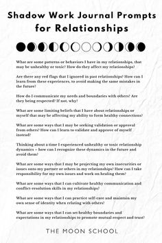 the moon school poster with text that reads, shadow work journal prompts for relationships