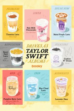 a poster with different types of drinks and their names on it's front cover