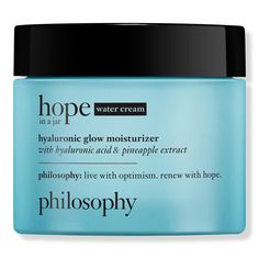 Hope In A Jar Water Cream Hyaluronic Glow Moisturizer -  Gotta glow? Philosophy's Hope In A Jar Water Cream Hyaluronic Glow Moisturizer, now clean and vegan. is a lightweight, fast-absorbing texture of water cream, containing Norwegian glacial water, enhanced hyaluronic acid and pineapple extract,    Benefits     Good for dry skin & dullness     Research Results     Immediately increases skin's hydration level by 86%* Delivers72-hour hydration.** Skin that is perfectly primed for makeup, with a Skin Dullness, Glow Moisturizer, Makeup Gift, Skin Care Moisturizer, In A Jar, Dull Skin, Natural Glow, Face Moisturizer, Hydrate Skin