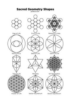 sacred geometric shapes are shown in black and white, with the words sacred geometry shapes below them