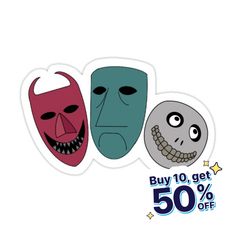 two masks with faces and the words buy 10 get 50 % off on each sticker