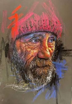 a drawing of an old man with a red hat on his head and blue eyes