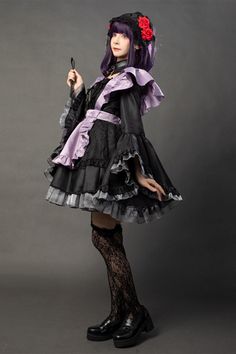 Includes: Dress, apron, collar, necklace, tie, headdress, socks, non-slip strap.
 
Material: Lining, spandex, silk and so on.
 
Size: female XS-XXL
 
Tip: The wigs only for photograph. The costume sets do not include wigs. Ruffled Cosplay Costume For Cosplay Events, Black Cosplay Costume With Ruffles, Gothic Cosplay Costume With Ruffles, Fitted Cosplay Costume With Ruffles For Halloween, Fitted Black Cosplay Costume With Ruffles, Fitted Cosplay Costume With Attached Cancan, Fitted Purple Harajuku Cosplay Costume, Fitted Harajuku Style Purple Cosplay Costume, Gothic Cosplay Costume With Ruffles For Party