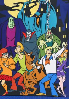 the scooby gang is hanging out in front of an evil man and other cartoon characters