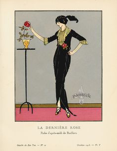 a drawing of a woman standing in front of a table with a flower on it