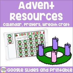 a purple and green christmas themed calendar with candles on the front, and an image of a