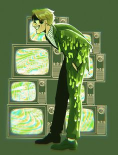 a man standing in front of televisions with green and yellow designs on the screen