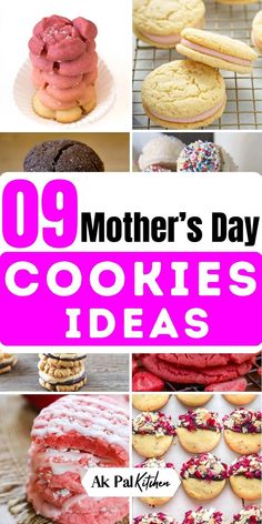 mother's day cookies and desserts are featured in this collage with text overlay