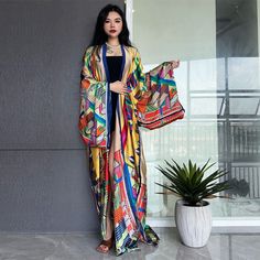 Long Multicolor Party Kimono, Elegant Long Multicolor Kimono, Elegant Flowy Multicolor Kimono, Elegant Multicolor Flowy Kimono, Multicolor Silk Maxi Kimono, Summer Multicolor Silk Kimono, Long Multicolor Silk Kimono, Festive Multicolor Silk Kimono, Summer Prints Fashion