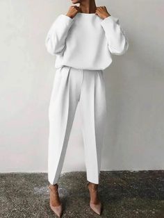 Simple Plain Two Piece Pants Set, Gray / M Robes Glamour, Full Sleeve Top, Two Piece Pants Set, Mini Robes, Loose Outfit, Casual Suit, Komplette Outfits, High Waisted Trousers, White Pants