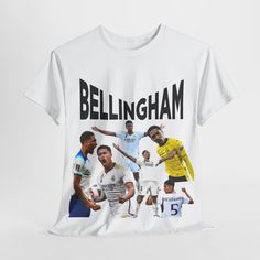 Introducing the Jude Bellingham Graphic Tee, a tribute to the football legend's unparalleled skill and iconic status in the world of sports. Crafted with the utmost attention to detail, this tee embodies Bellingham's dynamic style both on and off the pitch. Available in five striking colours - white, black, gold, blue, red, and green - there's a hue to suit every fan's taste. Made from premium quality cotton blend fabric, this tee ensures superior comfort and durability, making it perfect for ev White T-shirt For Football Season Fan Merchandise, White Shirt With Team Logo For Fan Merchandise, White Shirt With Team Logo For Fans, White Team Logo Shirt For Fan Merchandise, Fan Merchandise Crew Neck Shirt For Football Season, Football Season Fan Merchandise Shirt With Crew Neck, Football Season Graphic Print Crew Neck Shirt, Crew Neck Football Season Fan Shirt, White Shirt For Football Season Fan Merchandise