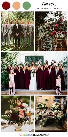 the bride and groom are posing for pictures with their wedding party