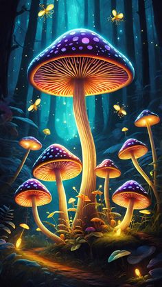 a painting of mushrooms in the forest with butterflies flying around them and glowing lights on the ground