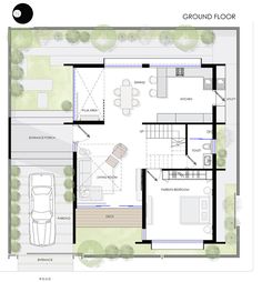 the ground plan for a modern home with an open floor and living room, dining area