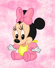 a cartoon minnie mouse with a pink bow on her head and legs, sitting in front of a pink background