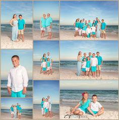 a family posing for pictures on the beach