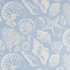 a blue and white wallpaper with seashells printed on the back in shades of light blue