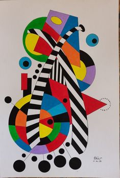 an abstract painting on white paper with circles and shapes