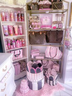 a room filled with lots of pink and white items