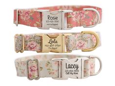 three floral dog collars with names on them