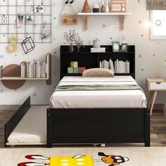 a bed room with a neatly made bed and shelves