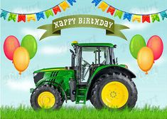 a tractor with balloons and streamers in the background for a happy birthday greeting card