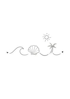 a drawing of two palm trees and a seashell