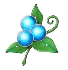 three blue flowers with green leaves on top of each other and one flower has four petals in the middle