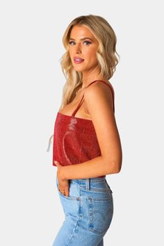 Be the IT girl in our Girly Girl Top! The Girly Girl features bra clasps for closure in the back, rhinestone studded fabric, and soft fabric on the inside to provide for comfortable wear. The fabric has no stretch, so if in between sizes we recommend sizing up! Pair with high-waisted denim and heels for a fun night out! Product Details: Fit: We recommend sizing up in the Girly Girl. Length: Cropped. The small measures 9.25" from neckline to hem. Bust: Accommodates bust sizes A-C. Waist: Fitted. Fabric: Fabric contains no stretch. Material: 100% Polyester Taylor R, The It Girl, Lee Ann, Heading Fonts, Rhinestone Top, Apple Coloring, Blog Layout, Red Rhinestone, Rhinestone Studs