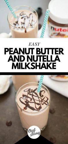 two glasses filled with peanut butter and nutella milkshake on top of a table