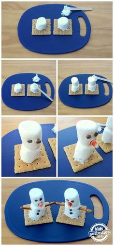 the instructions for making marshmallow snowmen on crackers are shown in three different ways