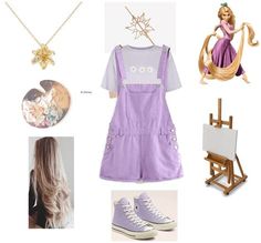 a collage of disney princess outfits and accessories including shoes, necklaces, hairbrushes