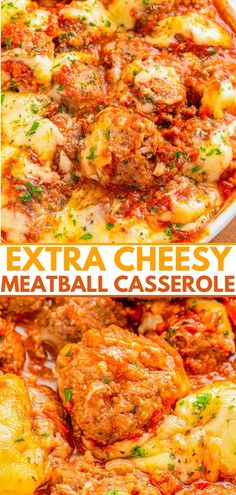 an image of meatball casserole with text overlay