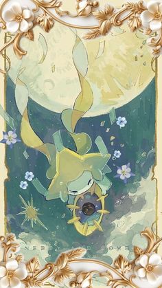 an image of pokemon in the sky with stars and flowers on it's frame