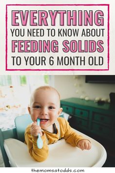 Everything you need to know about feeding solids to your 6 month old. Photo of baby in high chair chewing on spoon. Baby Oatmeal, Baby Sleep Through The Night, Baby Food Recipe, Bedtime Routine Baby, Baby Feeding Schedule, Help Baby Sleep, Ways To Sleep, Oatmeal Recipe